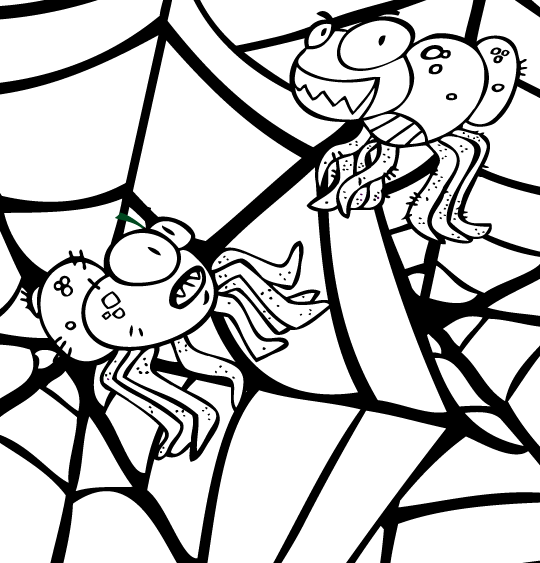 Coloriage pour enfants. Coloriage Le Rock de la sorcière, 2 araignées dans leur toile, catégorie Chanson pour enfants halloween Le rock de la sorcière