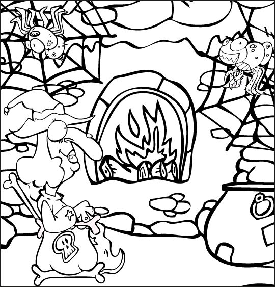 Coloriage pour enfants. Coloriage Le Rock de la sorcière, dans son fauteuil la sorcière au coin du feu, thème Feu