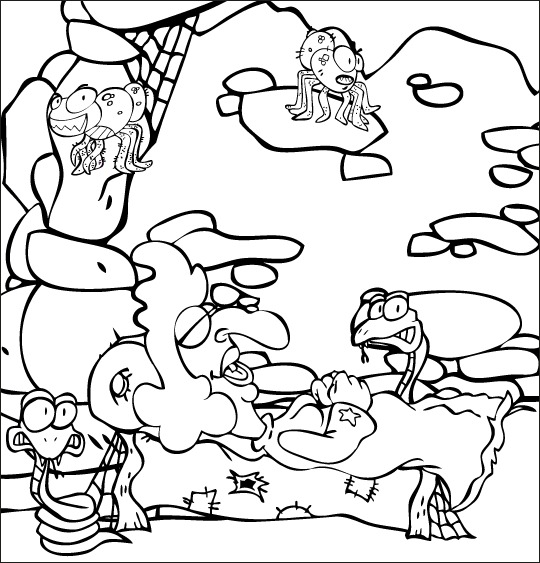 Coloriage pour enfants. Coloriage Le Rock de la sorcière, dans son lit la sorcière dort, très fatiguée, thème Serpent