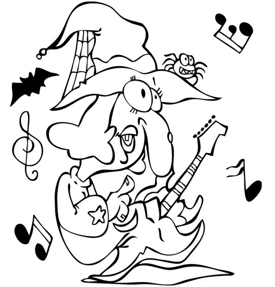 Coloriage pour enfants. Coloriage Le Rock de la sorcière, la sorcière avec sa guitare électrique, thème Chauve-souris