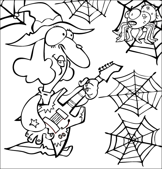 Coloriage pour enfants. Coloriage Le Rock de la sorcière, la sorcière joue de la guitare à l'araignée, thème Instruments de musique