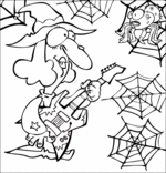 Coloriage Chanson Le Rock de la sorcière, la sorcière joue de la guitare à l'araignée