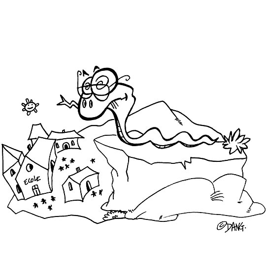 Coloriage pour enfants. Coloriage Le serpent sur la colline observe le village, thème Lunettes