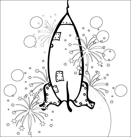 Coloriage pour enfants. Coloriage chanson Madame Fusée, la fusée décolle dans un feu d'artifice, thème Fusée