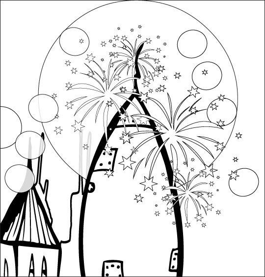 Coloriage pour enfants. Coloriage chanson Madame Fusée, la fusée est toute illuminée, thème Feu d'artifice