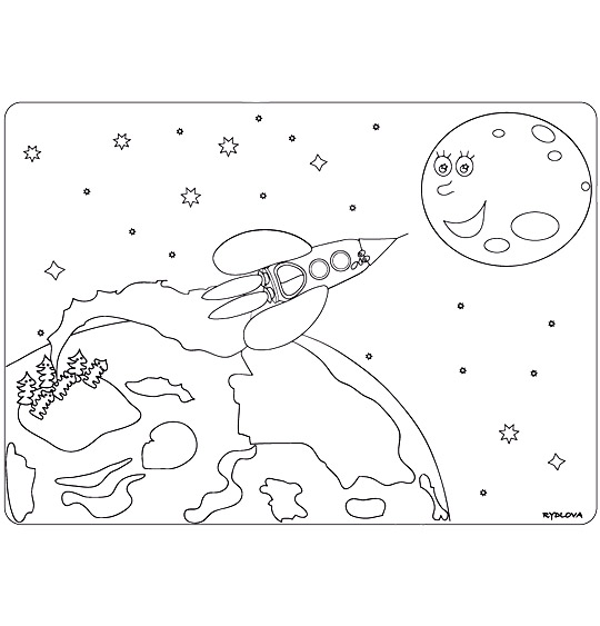 Coloriage pour enfants. Coloriage Madame Fusée, la fusée s'envole vers la lune, thème Espace