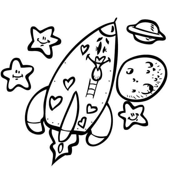 Coloriage pour enfants. Coloriage Madame Fusée, la fusée vers les étoiles, thème Fusée