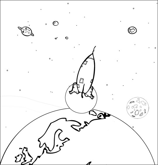 Coloriage pour enfants. Coloriage chanson Madame Fusée, la fusée navigue de la terre à la lune, thème Fusée
