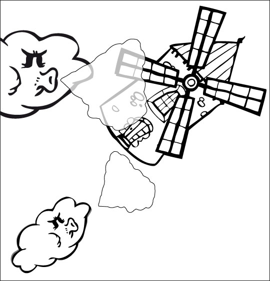 Coloriage pour enfants. Coloriage chanson Meunier tu dors, le moulin s'est envolé dans le ciel, thème Nuages