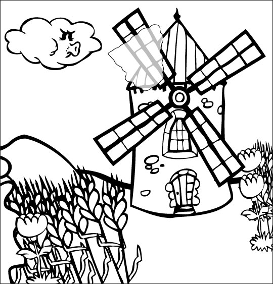 Coloriage pour enfants. Coloriage chanson Meunier tu dors, un moulin dans le vent, thème Moulin