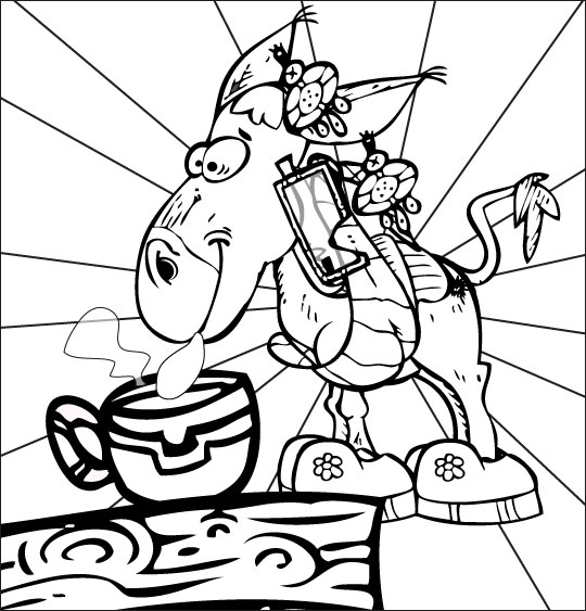 Coloriage Chanson Mon âne, l'âne boit son chocolat chaud