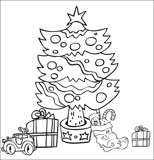 Coloriage pour enfants. Coloriage chanson Mon beau sapin, le sapin de Noël illuminé avec les cadeaux, thème Boules de Noël