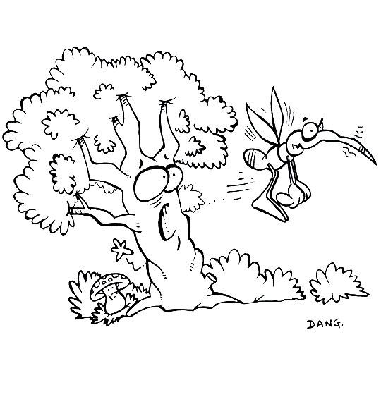 Coloriage pour enfants. Coloriage Petit moustique pique l'arbre, thème Insecte