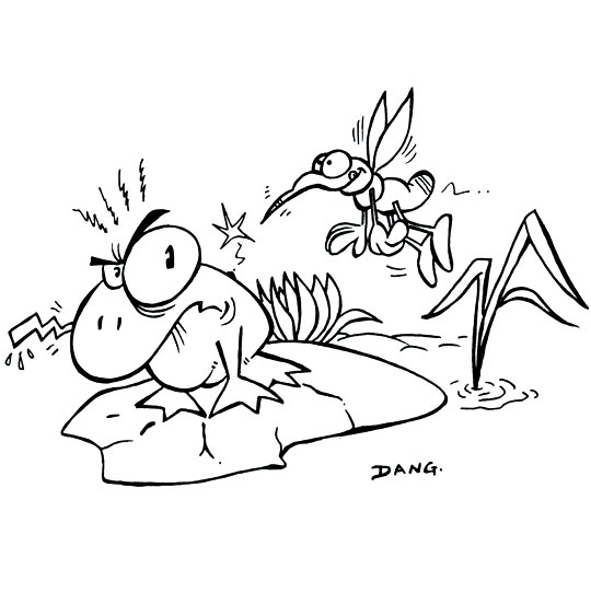 Coloriage pour enfants. Coloriage Petit moustique pique le crapaud, thème Insecte