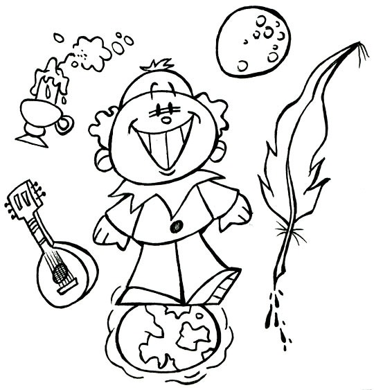 Coloriage pour enfants. Coloriage Au Clair de la Lune, Pierrot les pieds sur terre, la tête dans la lune, thème Instruments de musique