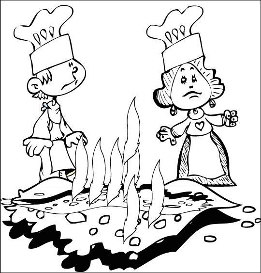 Coloriage pour enfants. Coloriage Au feu les pompiers, le cuisinier et la cuisinière sont désolés., thème Feu