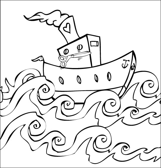 Coloriage pour enfants. Coloriage Bateau, ciseaux, le bateau dans les vagues, thème Bateau