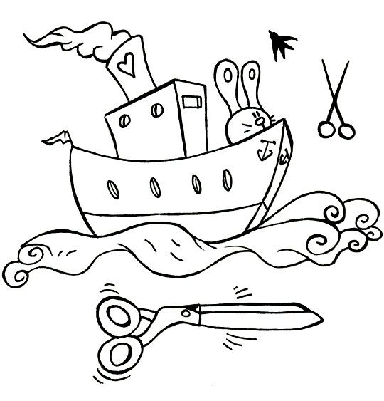 Coloriage pour enfants. Coloriage Bateau, ciseaux, le lapin sur le cargo, thème Bateau