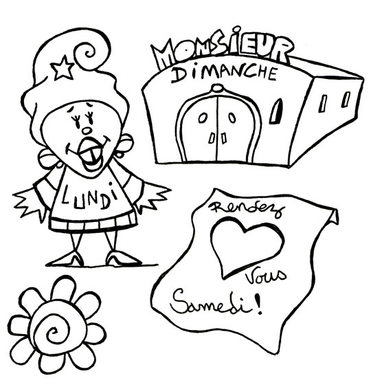 Coloriage pour enfants. Coloriage Bonjour Madame Lundi, Madame Lundi veut aller à la fête samedi, catégorie Comptine Bonjour, madame lundi