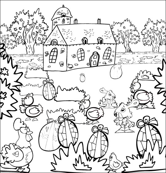 Coloriage pour enfants. Coloriage comptine Boum bing bang, c'est Pâques, des oeufs en chocolat, des poules, des lapins, thème Lapin