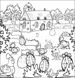 Coloriage Comptine Boum bing bang, c'est Pâques, des oeufs en chocolat, des poules, des lapins