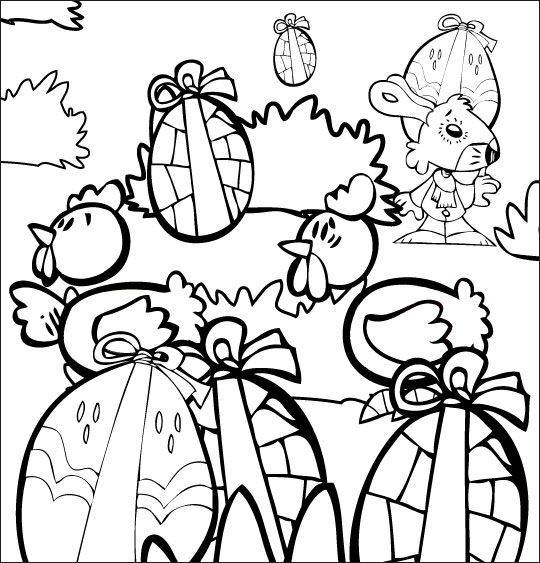 Coloriage pour enfants. Coloriage comptine Boum bing bang, c'est Pâques, les  poules, les oeufs, le lapin dans le jardin, catégorie Comptine Boum bing bang c'est Pâques