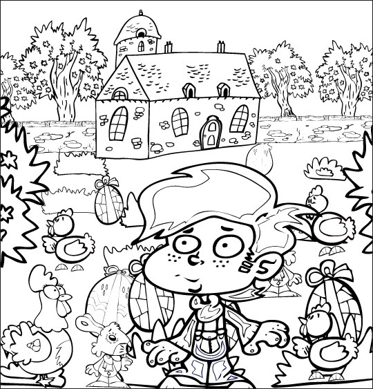 Coloriage pour enfants. Coloriage comptine Boum bing bang, c'est Pâques, le jardin rempli d'oeufs de Pâques, thème Lapin