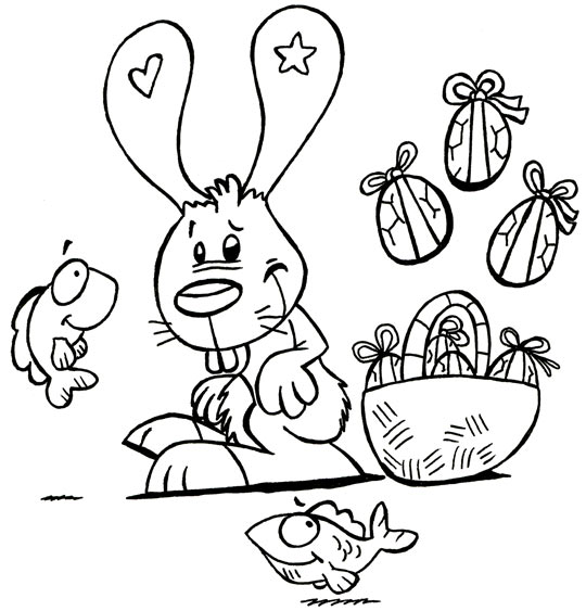 Coloriage pour enfants. Coloriage Ce matin dans mon jardin des oeufs en chocolats, thème Poisson