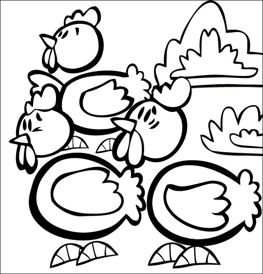 Coloriage pour enfants. Coloriage comptine Ce matin dans mon jardin,  poules  à croquer pour Pâques, thème Chocolats de Pâques