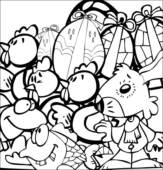 Coloriage pour enfants. Coloriage comptine Ce matin dans mon jardin, un panier plein de chocolat pour Pâques, thème Poule