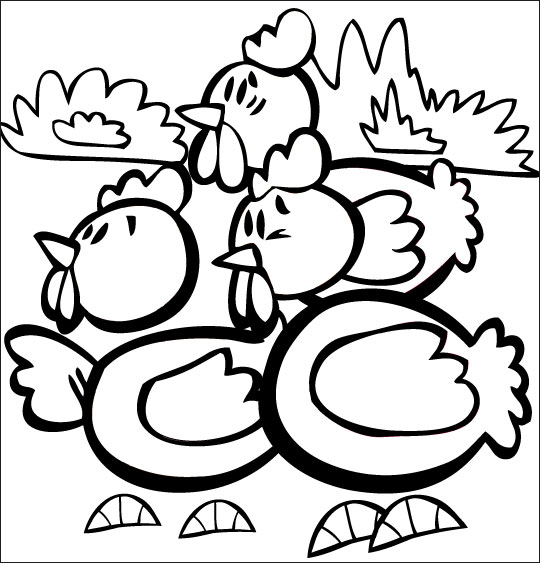 Coloriage pour enfants. Coloriage comptine Ce matin dans mon jardin, des poules en chocolat pour Pâques, thème Pâques