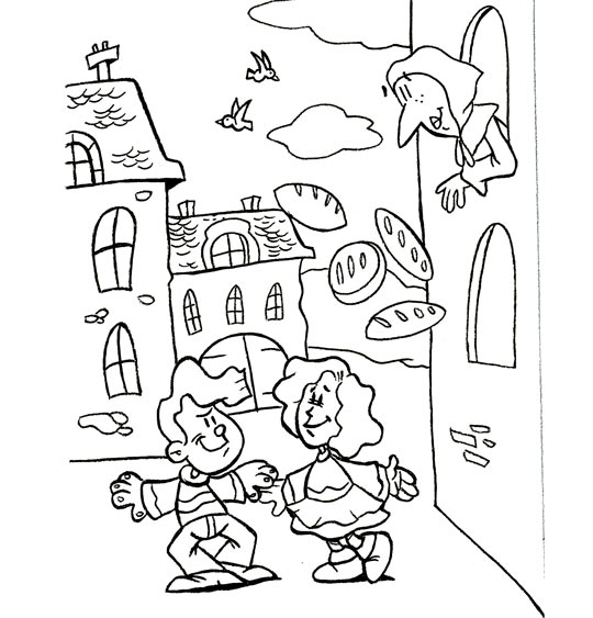 Coloriage pour enfants. Coloriage Dansons la capucine dans la rue, thème Pain