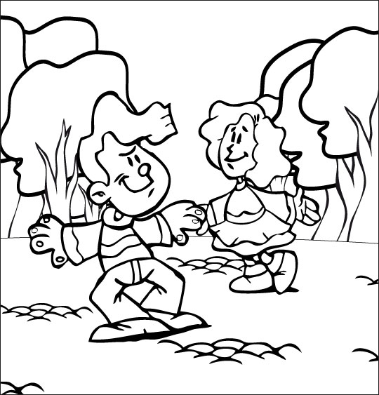 Coloriage pour enfants. Coloriage comptine Dansons la capucine, deux enfants dansent, thème Enfants