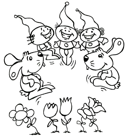 Coloriage pour enfants. Coloriage Deux petits lapins, deux lapins dansent avec trois lutins, catégorie Comptine Deux petits lapins