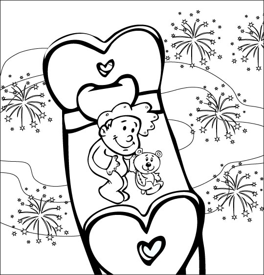 Coloriage pour enfants. Coloriage comptine Dodo, l'enfant do, un bébé dans le ciel au milieu des feux d'artifices, catégorie Comptine Dodo, l'enfant do