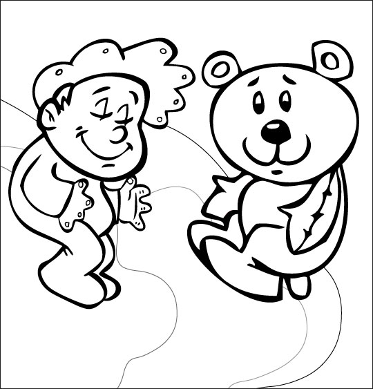 Coloriage pour enfants. Coloriage comptine Dodo, l'enfant do, un bébé dans le ciel avec son nounours, thème Ciel