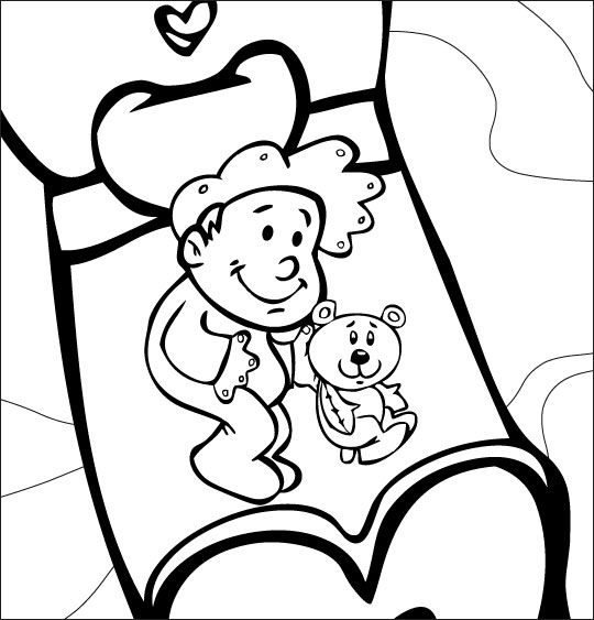 Coloriage pour enfants. Coloriage comptine Dodo, l'enfant do, un bébé dans son lit avec son nounours, thème Bébés