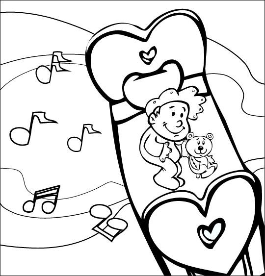 Coloriage pour enfants. Coloriage comptine Dodo, l'enfant do, un bébé rêve dans le ciel en écoutant de la musique, thème Jouet