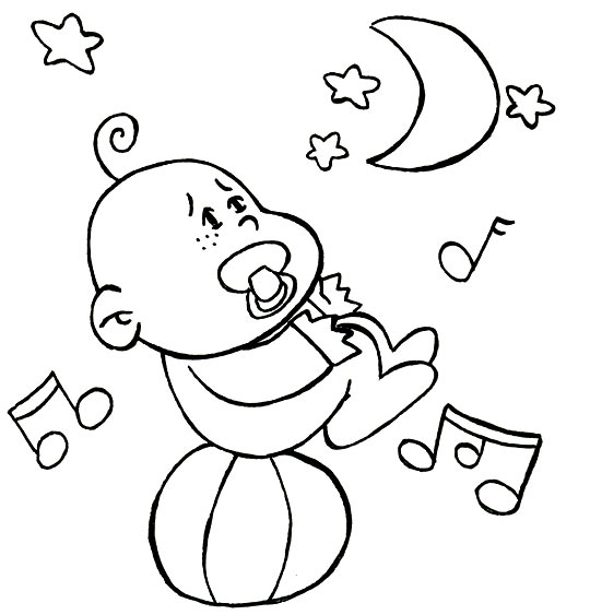 Coloriage pour enfants. Coloriage Dodo, l'enfant do, un bébé s'endort en équilibre sur un ballon, thème Etoiles