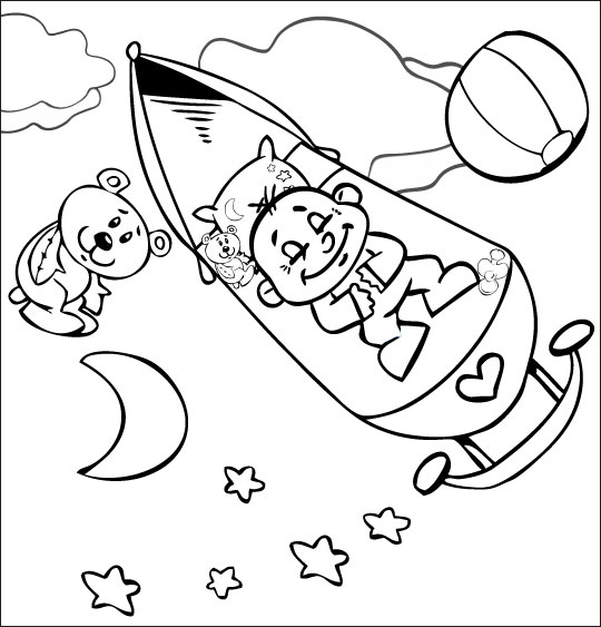 Coloriage pour enfants. Coloriage comptine Fait dodo Colas mon petit frère, bébé est dans les étoiles, thème Ciel