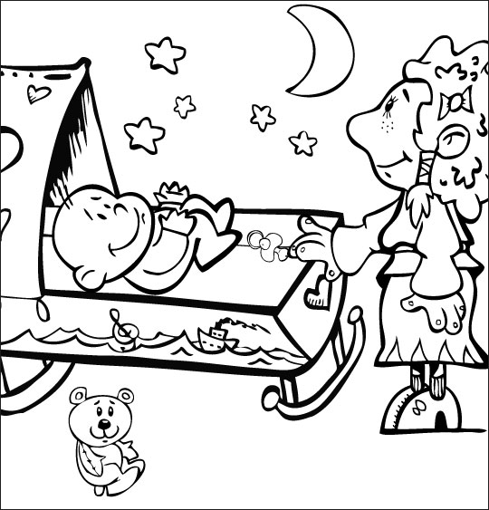 Coloriage pour enfants. Coloriage comptine Fait dodo Colas mon petit frère, la soeur berce le bébé, thème Lit