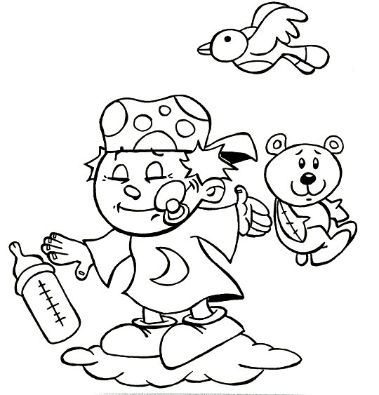 Coloriage pour enfants. Coloriage  Fait dodo Colas mon petit frère, un bébé sur un nuage, thème Ciel