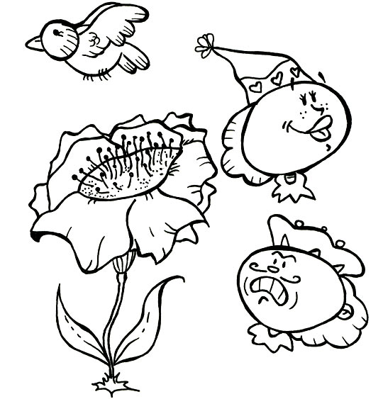 Coloriage pour enfants. Coloriage Gentil coquelicot, le coquelicot et l'oiseau, catégorie Comptine Gentil coquelicot