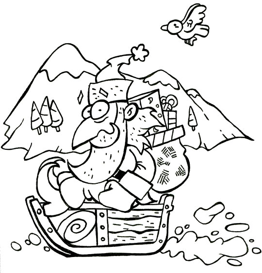 Coloriage pour enfants. Coloriage L'as-tu reconnu ? C'est le père Noël, le père Noël fait de la luge, thème Luge