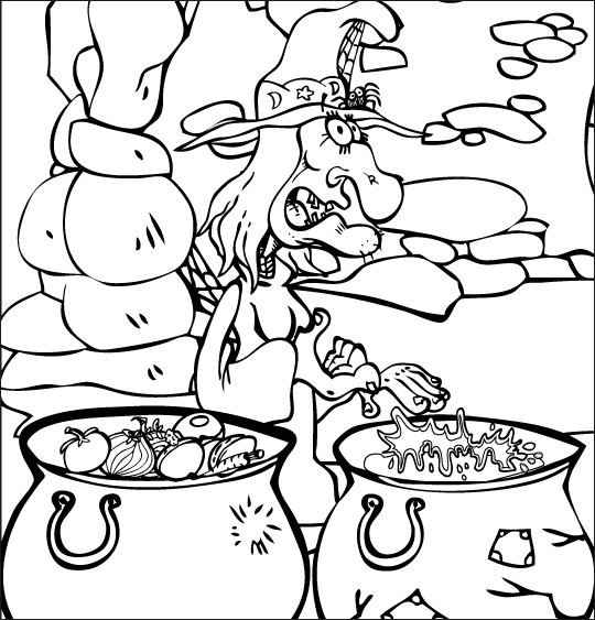 Coloriage pour enfants. Coloriage La soupe à la sorcière, 2 marmites, 2 soupes, choisissez, thème Ustensiles de cuisine