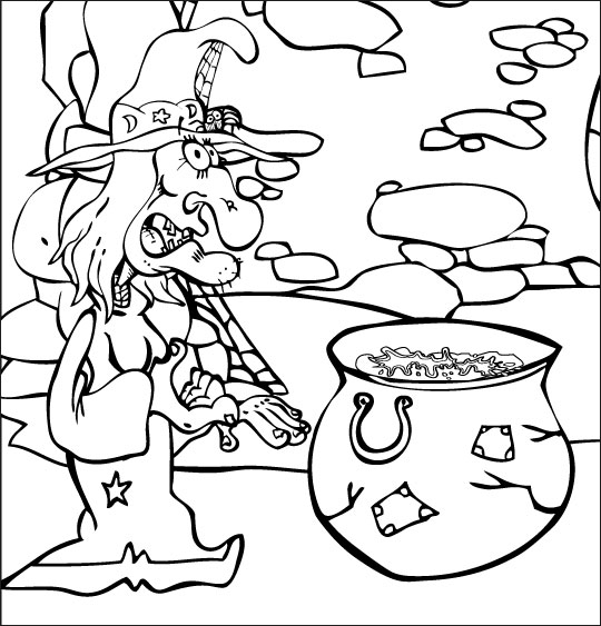 Coloriage pour enfants. Coloriage La soupe à la sorcière, la sorcière observe sa soupe, thème Ustensiles de cuisine