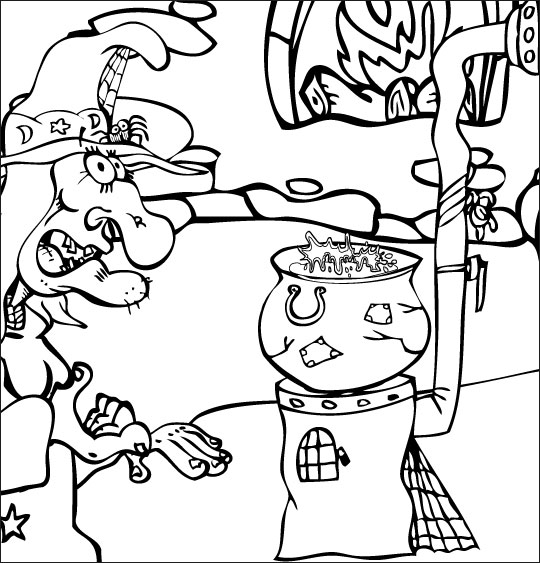 Coloriage pour enfants. Coloriage La soupe à la sorcière, la soupe chauffe sur la cuisinière, thème Soupe