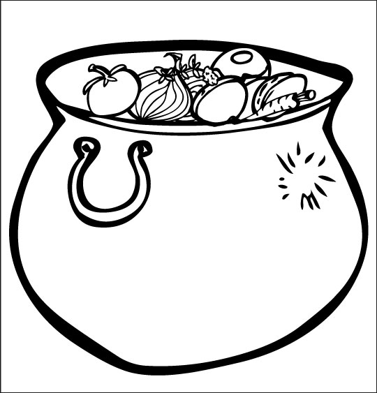 Coloriage pour enfants. Coloriage comptine La soupe à la sorcière, une marmite de soupe aux légumes, thème Ustensiles de cuisine