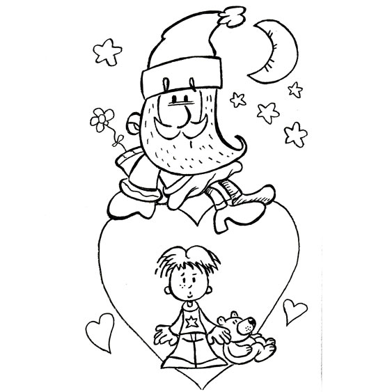 Coloriage pour enfants. Coloriage  Lettre au père Noël, un père Noël sur un coeur, thème Coeur