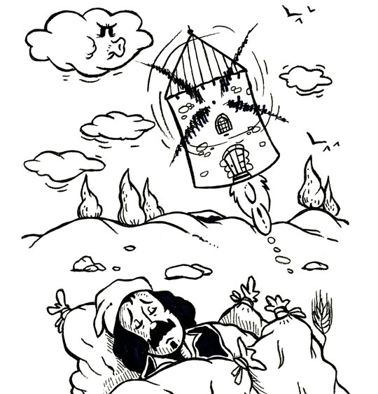 Coloriage pour enfants. Coloriage Meunier tu dors, le moulin fusée, thème Nuages